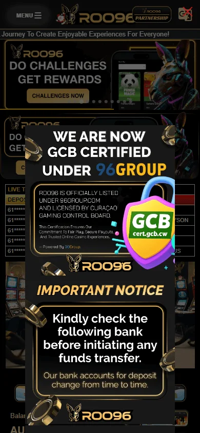 Roo96 Casino mobile home with AUD casino access and support options