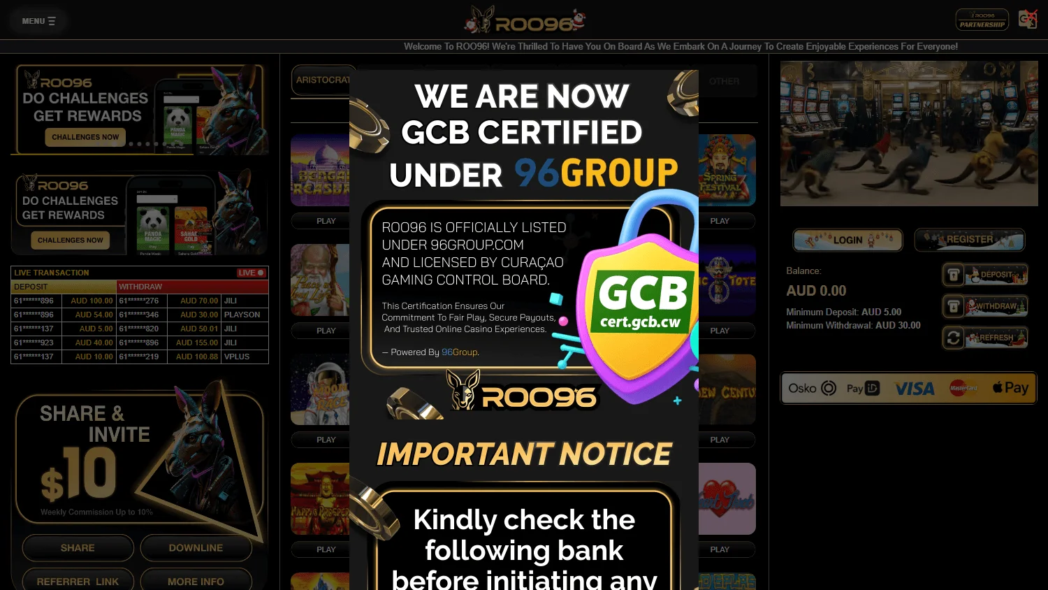 Roo96 Casino desktop home with casino offer and gaming categories